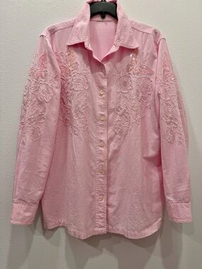 Quacker Factory Vintage Pink Cotton Shirt Butterfly & Floral Embroidery Size L